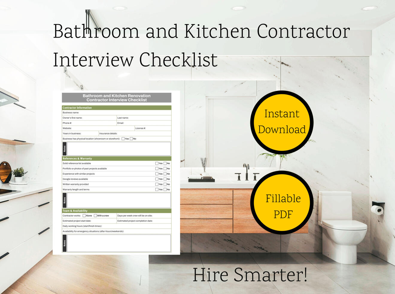 Hire Smarter: Bathroom & Kitchen Contractor Interview Check Digital Download PDF Smart Hiring Guide: Bathroom & Kitchen Contractor Interview Checklist (PDF Download)